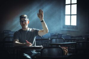 Person sitting in a dimly lit classroom raising hand, conveying attention and inquiry.
